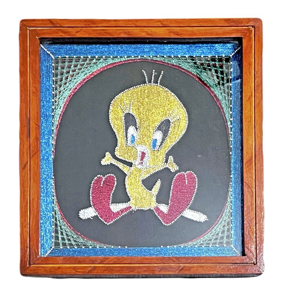 Vintage Tweety Bird String Art Metallic Framed Nail Art 1990s Handmade Wall Art